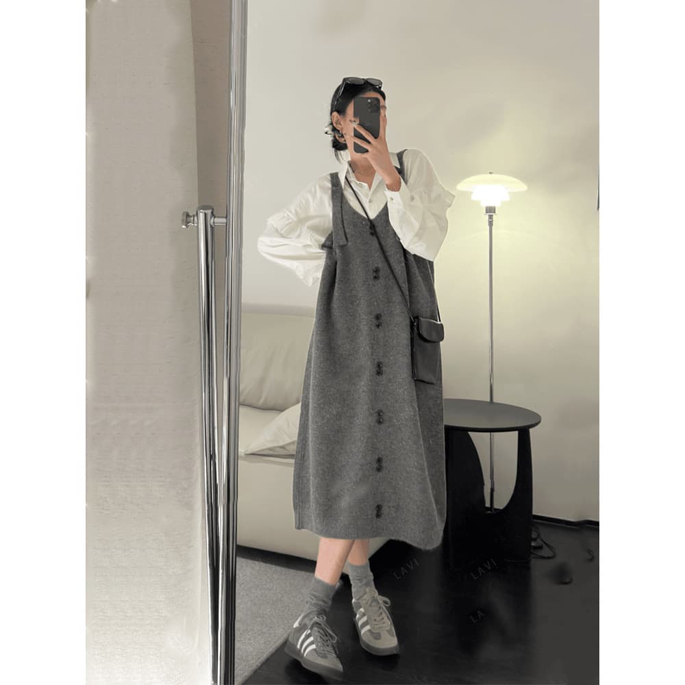 秋冬サロペットワンピース ロング丈ニット素材 グレー