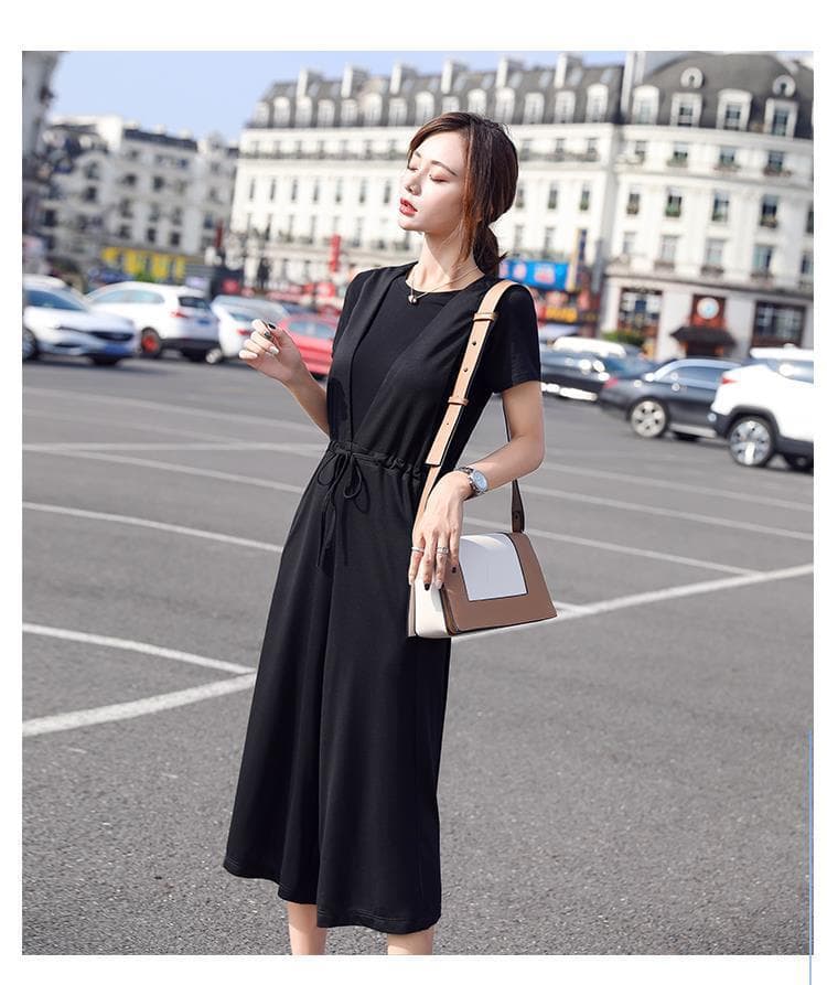 レディース サロペット セット 黒 ワイドパンツ 半袖 二点セット