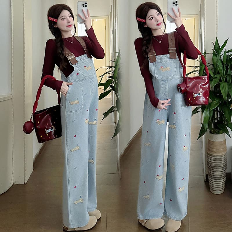 サロペットゆったりかわいい刺繍入りマタニティサロペット