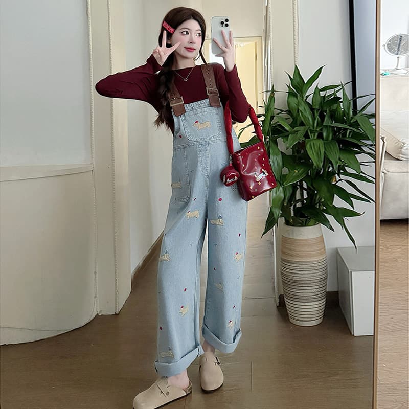 サロペットゆったりかわいい刺繍入りマタニティサロペット