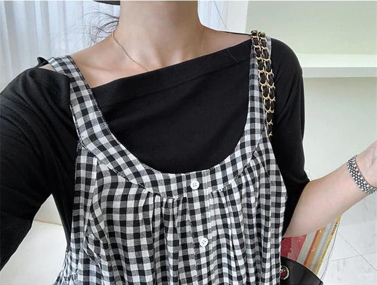 チェック柄サロペットパンツ ロング丈オールインワン