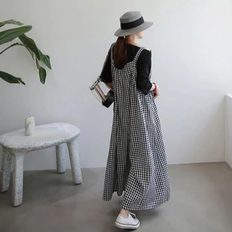 チェック柄サロペットパンツ ロング丈オールインワン