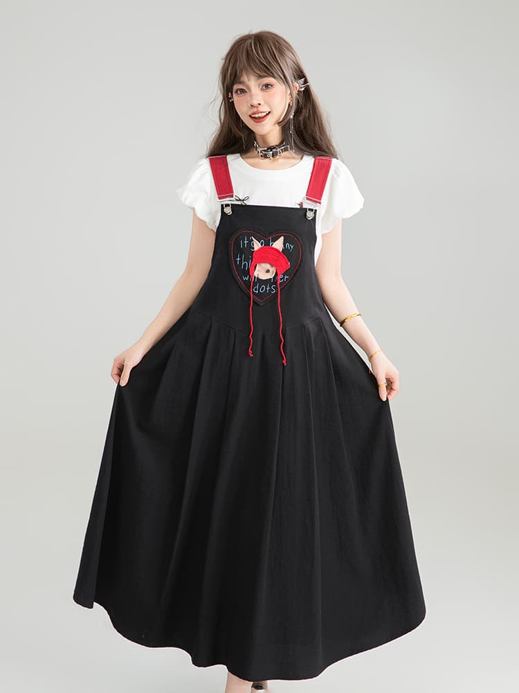 サロペット ハート刺繍フレアサロペット