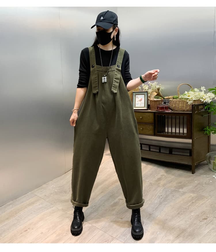 春夏サロペット ゆったり つなぎ 黒 カジュアルオールイン