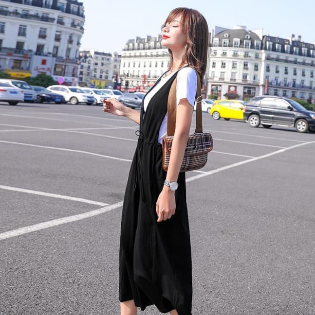 レディース サロペット セット 黒 ワイドパンツ 半袖 二点セット