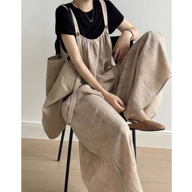 2025新作 ゆったりロングサロペット ワイドパンツ