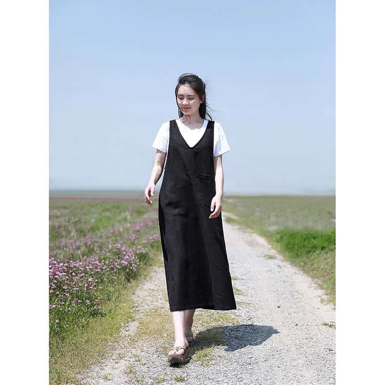 優雅な田園風ゆったりサロペットワンピース