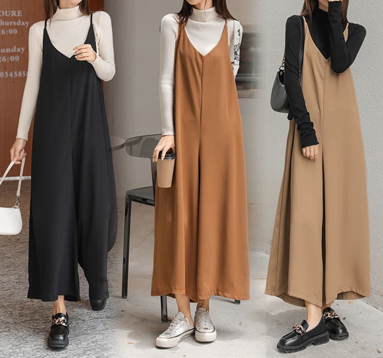 サロペット風オールインワン ワイドパンツ レディース体型カバー