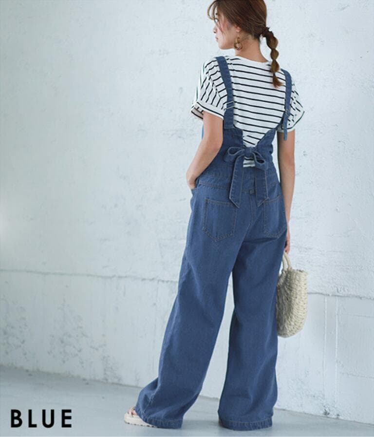 大人可愛いデニムサロペット ワイドパンツ バックリボン
