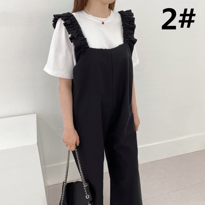 フリル付きサロペット 体型カバー 上品 レディース オールインワン