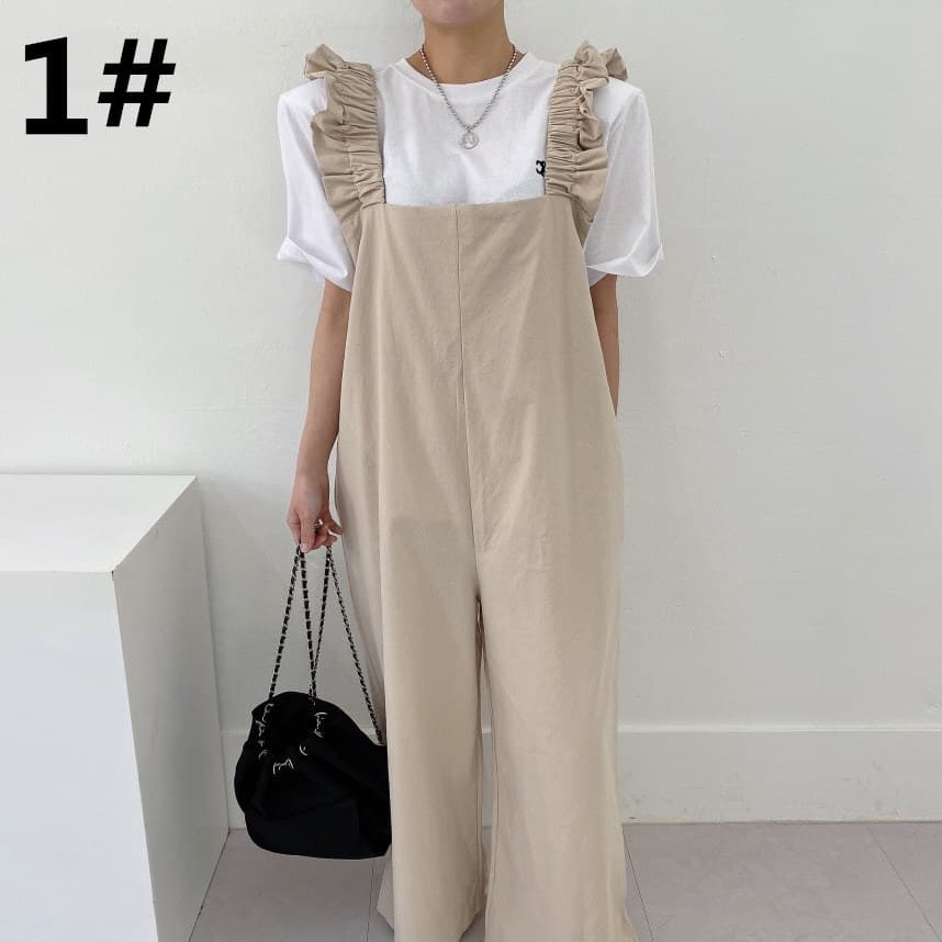 フリル付きサロペット 体型カバー 上品 レディース オールインワン