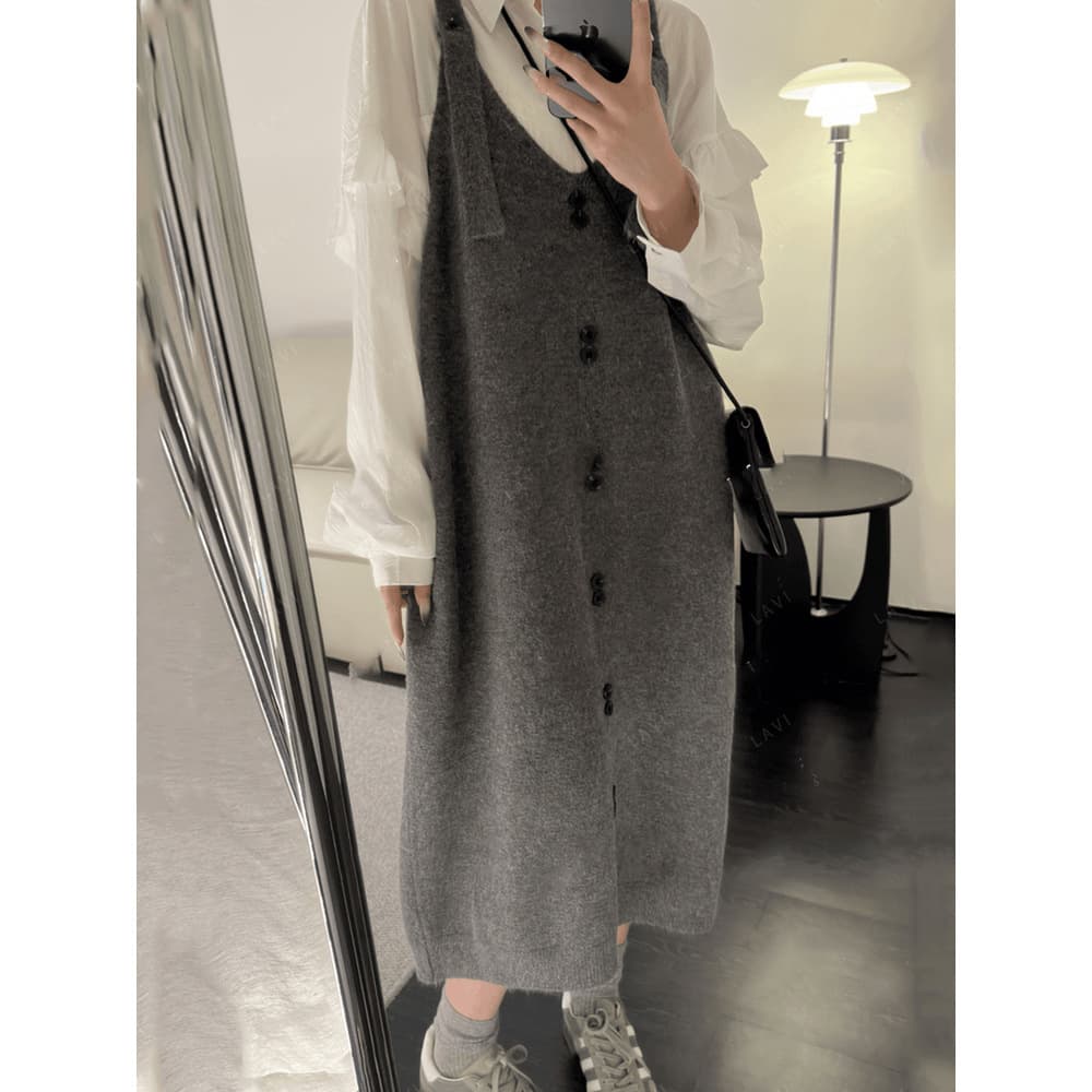秋冬サロペットワンピース ロング丈ニット素材 グレー