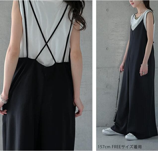 新作 サロペット  オールインワンワンピース 黒 クロスストラップ レディース おしゃれ