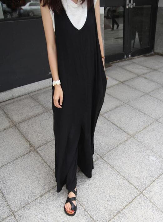 夏新作 黒サロペット ロング丈 吊りズボン レディース