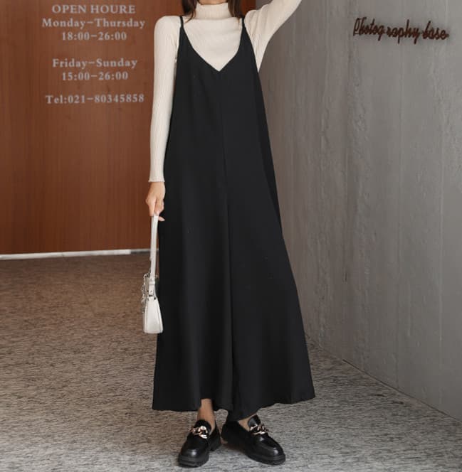 サロペット風オールインワン ワイドパンツ レディース体型カバー