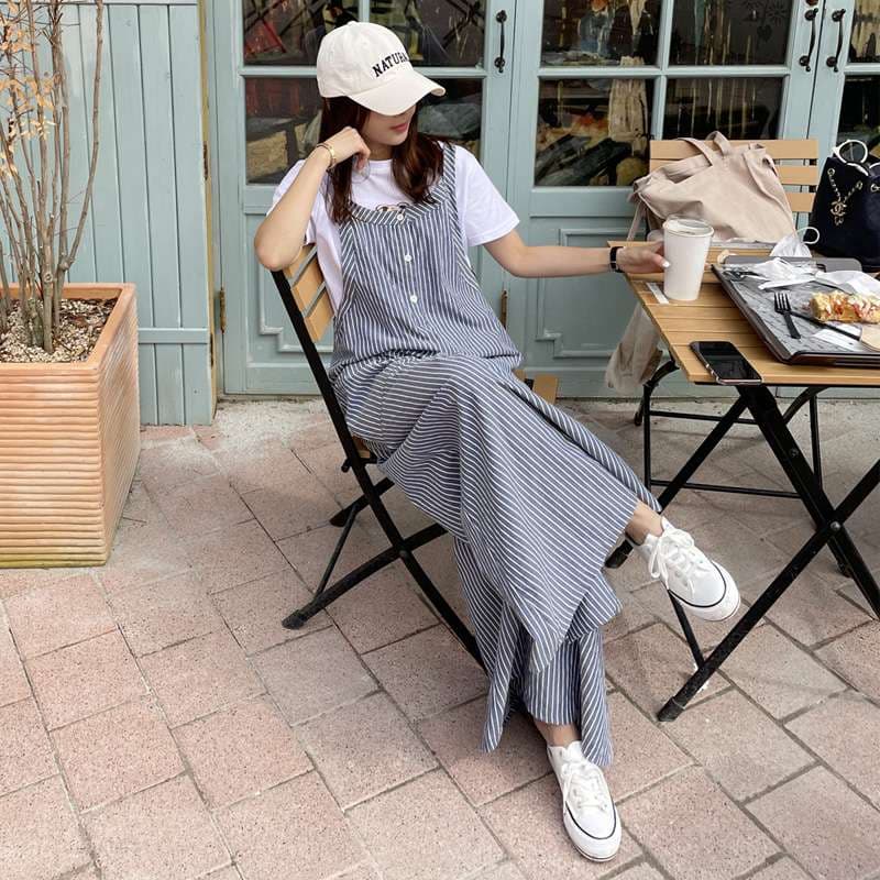 レトロ風ゆったりサロペットワンピース