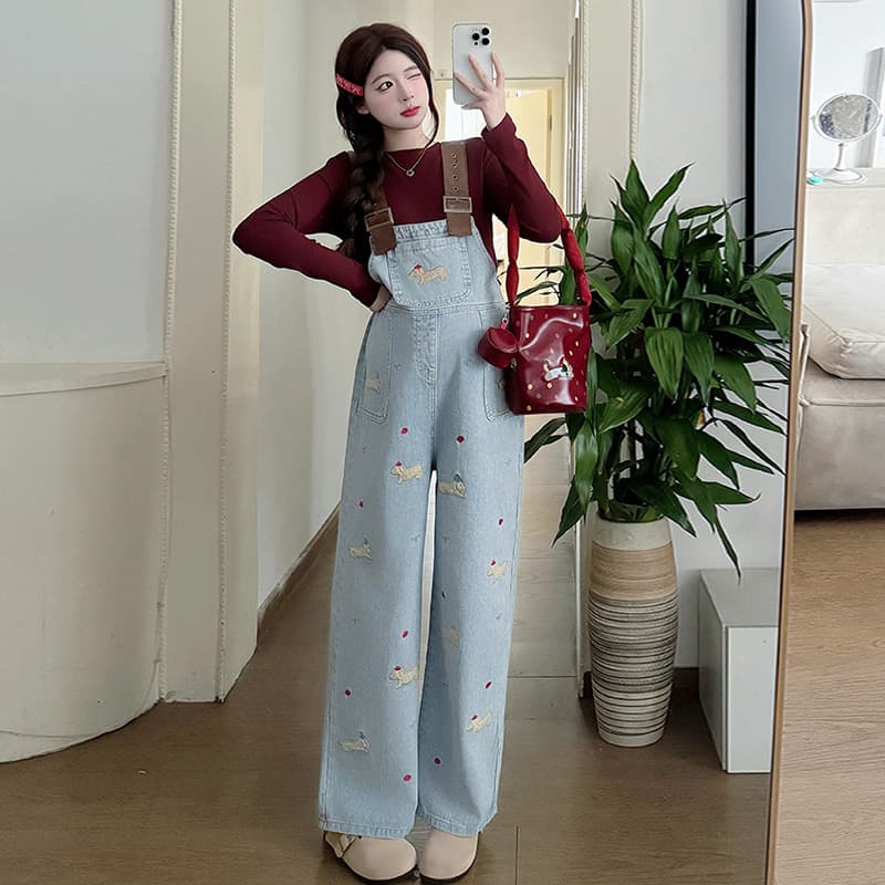 サロペットゆったりかわいい刺繍入りマタニティサロペット