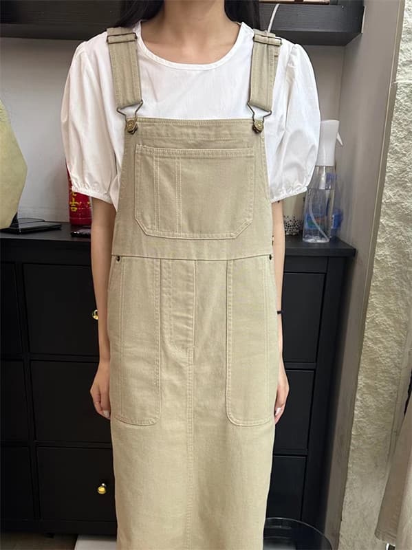 マキシ丈サロペットスカート ゆったり体型カバー ロング丈ワンピース