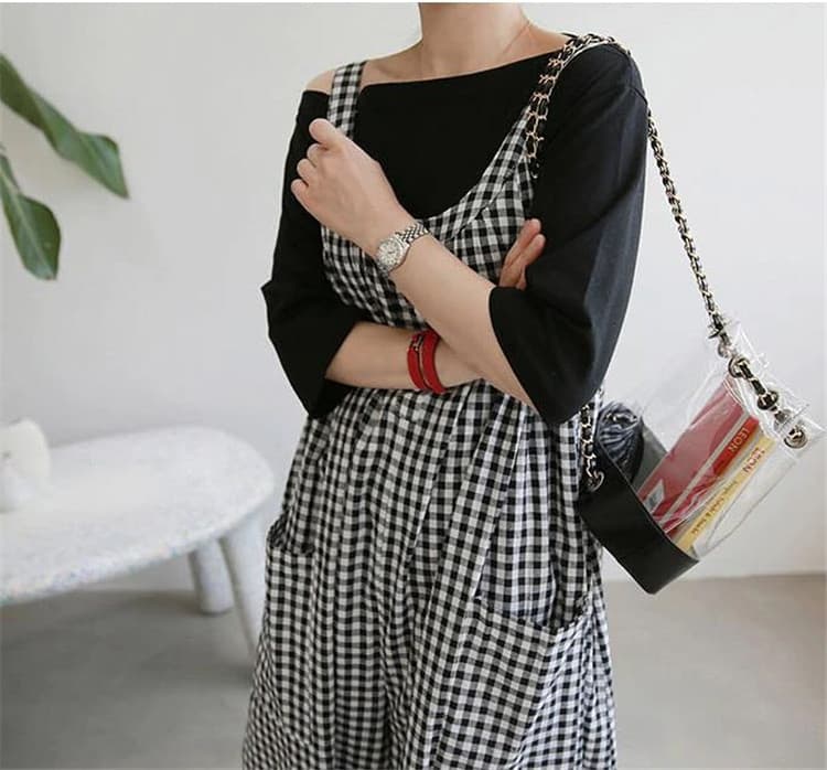 チェック柄サロペットパンツ ロング丈オールインワン