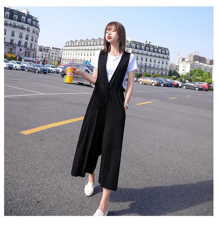 レディース サロペット セット 黒 ワイドパンツ 半袖 二点セット