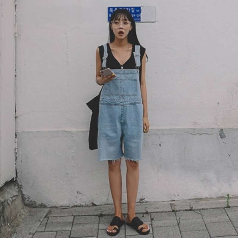 デニムサロペット ショートパンツ レトロカジュアル