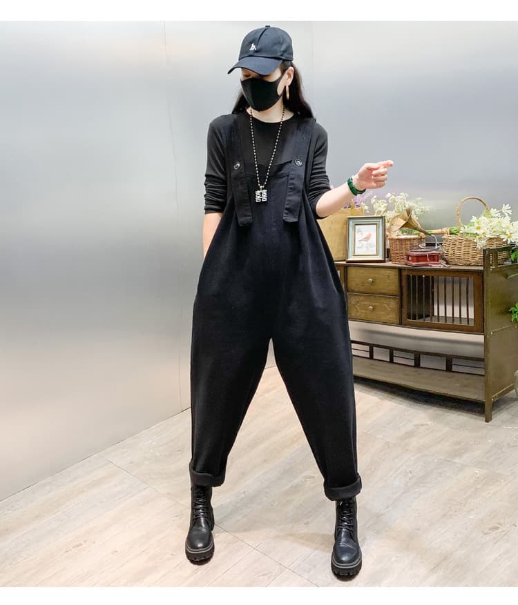 春夏サロペット ゆったり つなぎ 黒 カジュアルオールイン