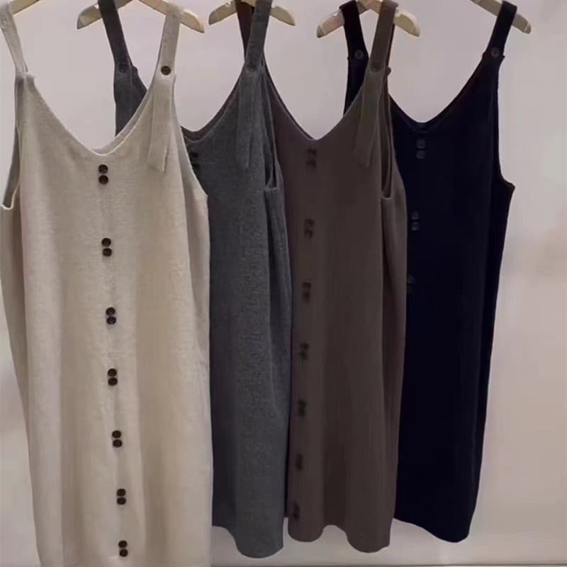 秋冬サロペットワンピース ロング丈ニット素材 グレー