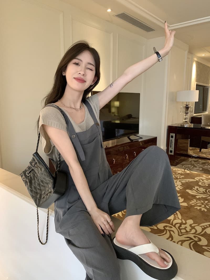 韓国風サロペット ワイドパンツ カジュアル着回し抜群