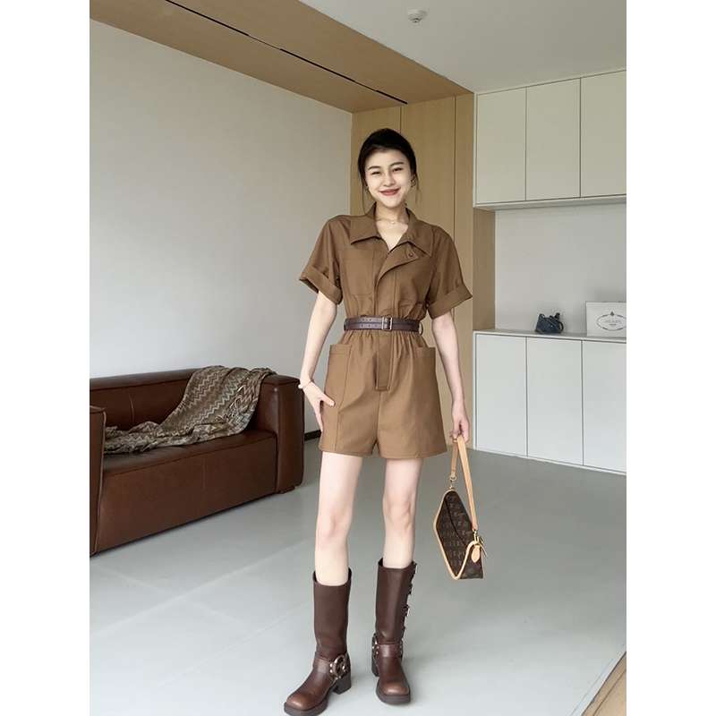 サロペット レトロシックなブラウンショートオーバーオール