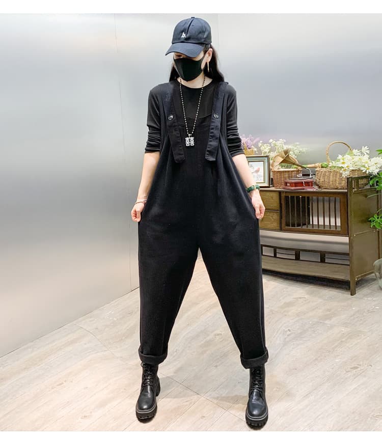 春夏サロペット ゆったり つなぎ 黒 カジュアルオールイン