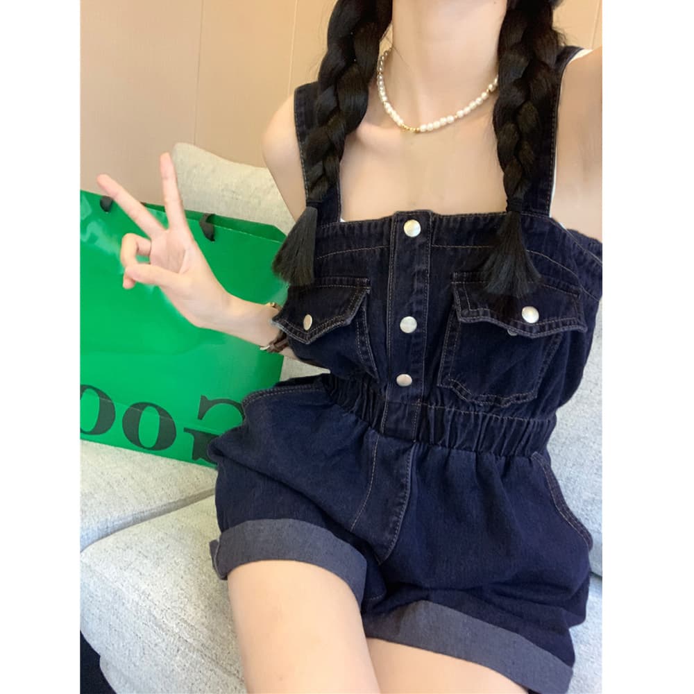 大人可愛いデニムサロペット短パン風オールインワン