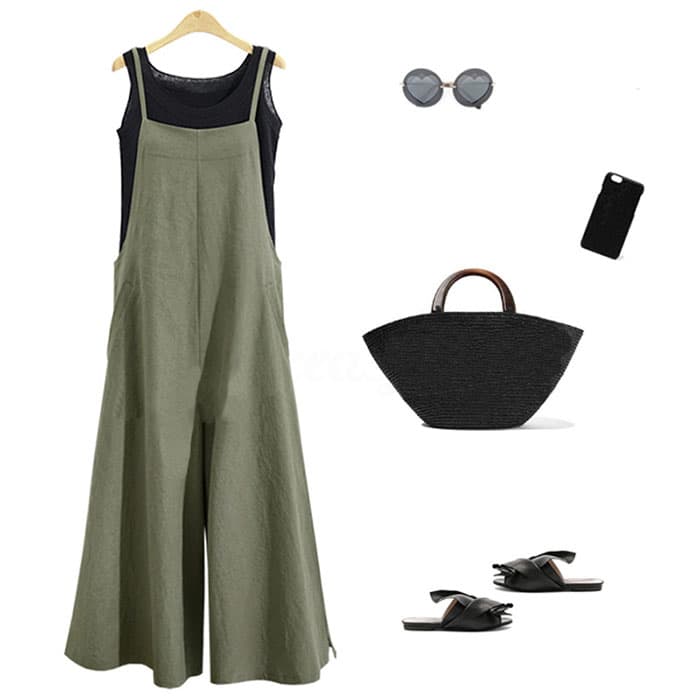 綿麻素材ゆったりサロペット体型カバー無地