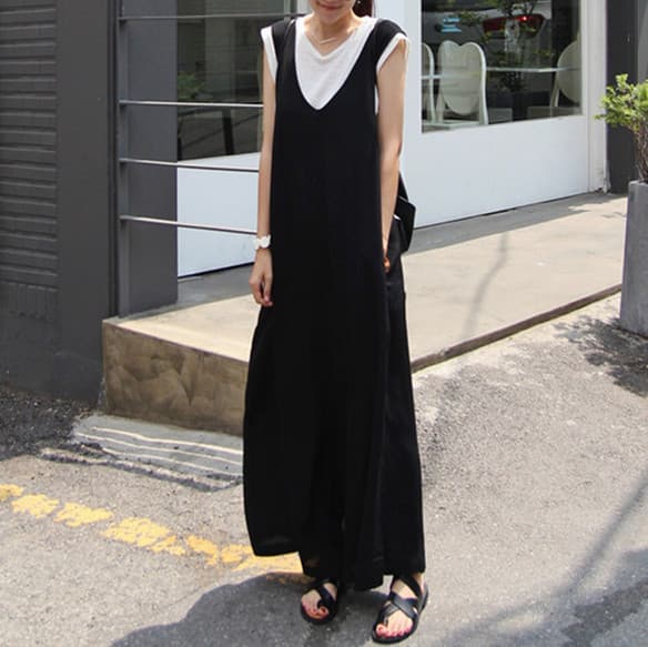 夏新作 黒サロペット ロング丈 吊りズボン レディース