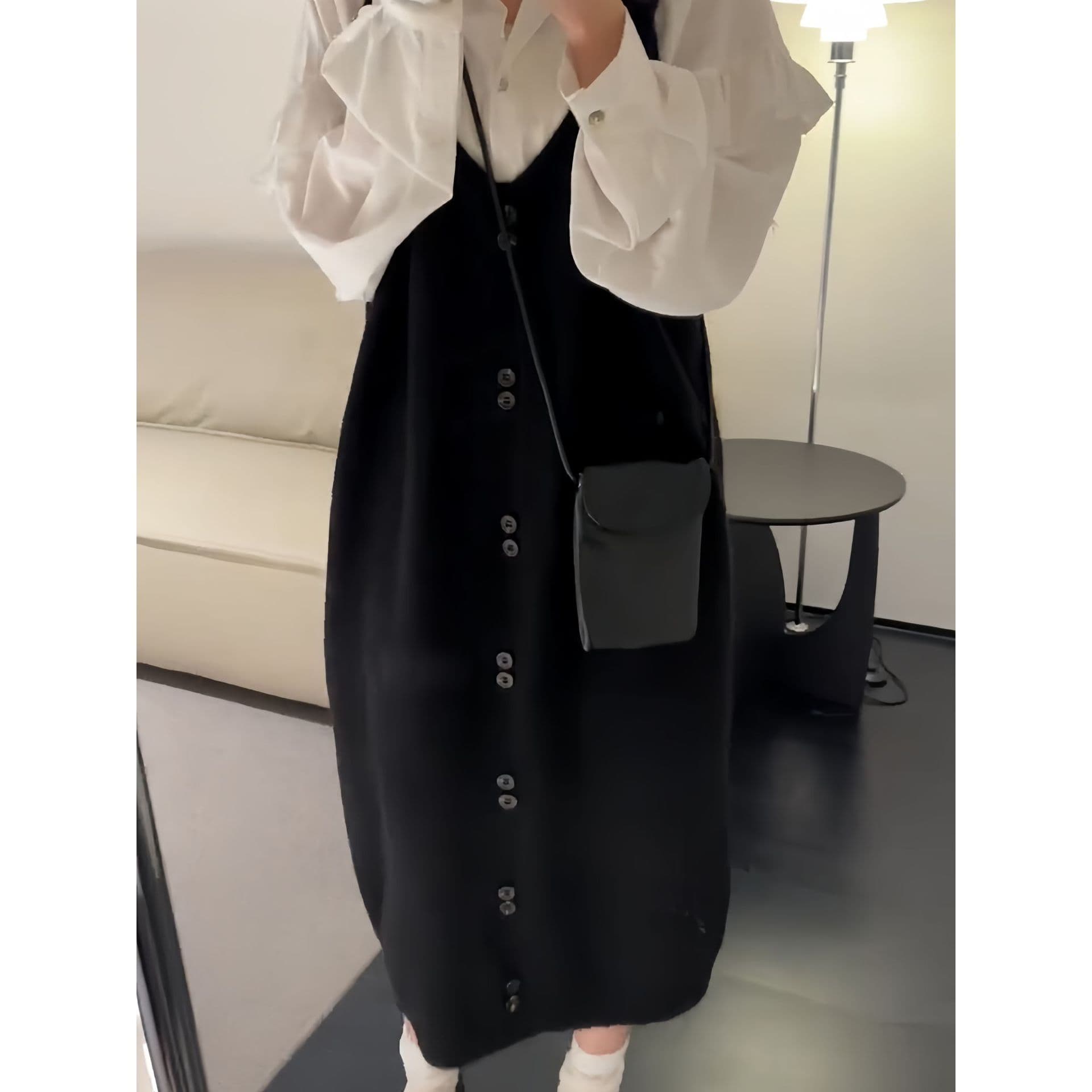 秋冬サロペットワンピース ロング丈ニット素材 グレー