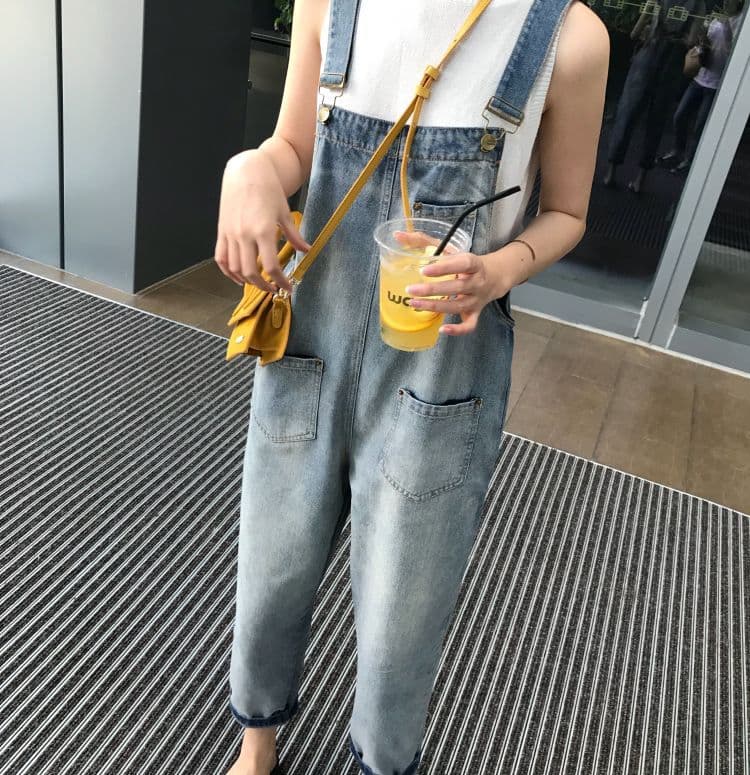 ゆったりデニムサロペット レディース 体型カバー つりズボン オーバーオール