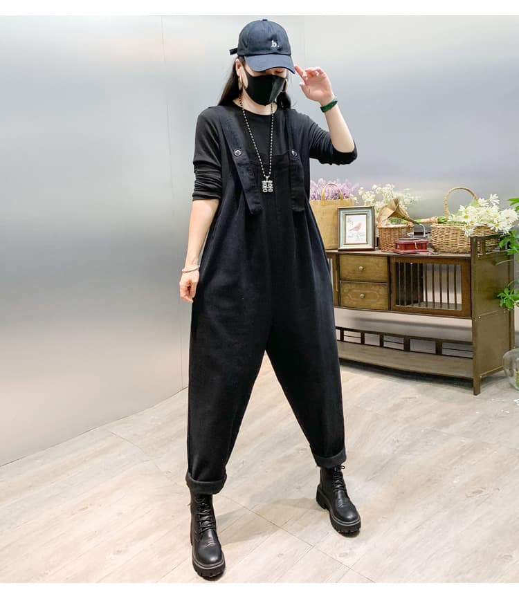 春夏サロペット ゆったり つなぎ 黒 カジュアルオールイン