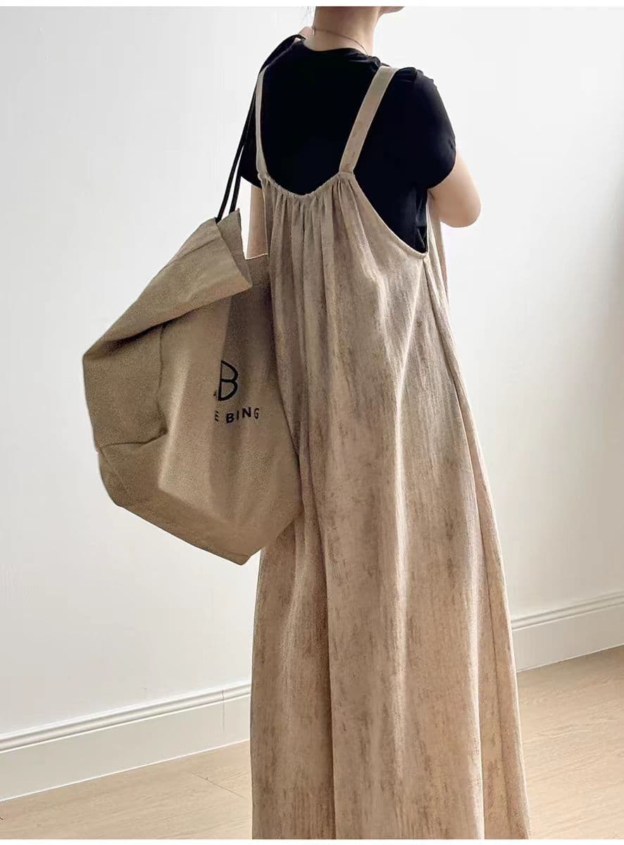 2025新作 ゆったりロングサロペット ワイドパンツ