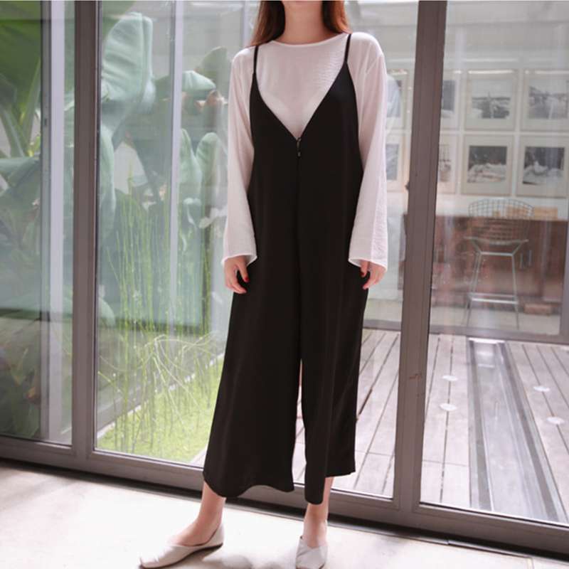 サロペット レイヤード風ゆったりワイドパンツオールインワン