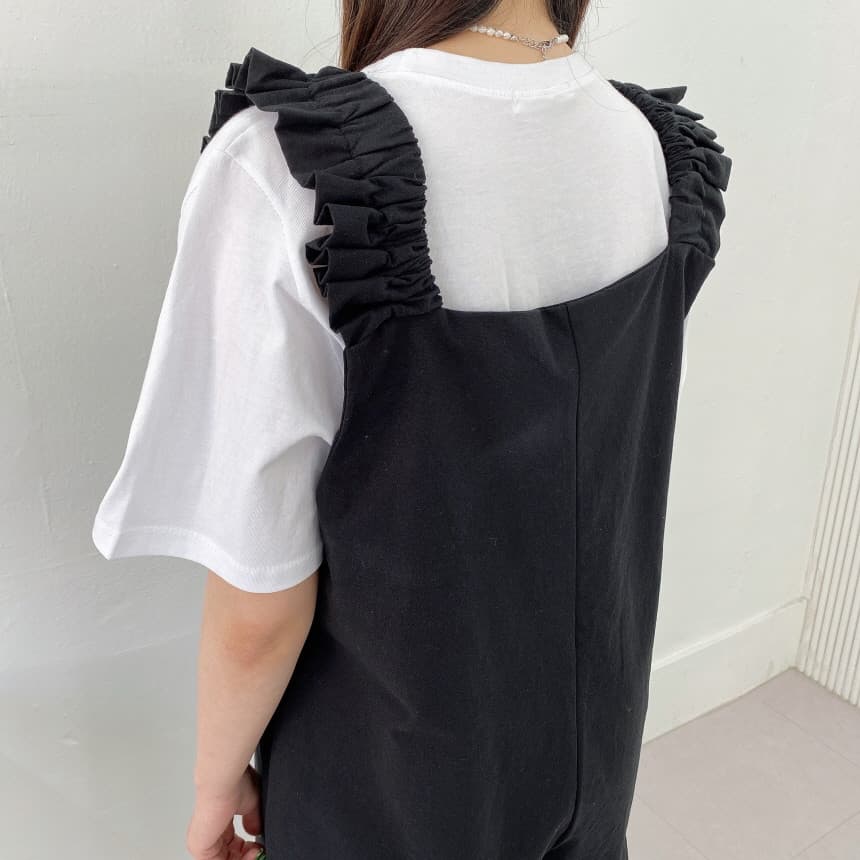 フリル付きサロペット 体型カバー 上品 レディース オールインワン