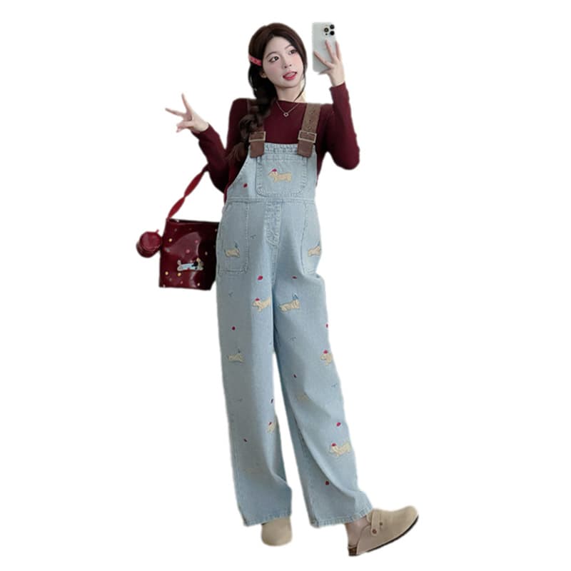 サロペットゆったりかわいい刺繍入りマタニティサロペット