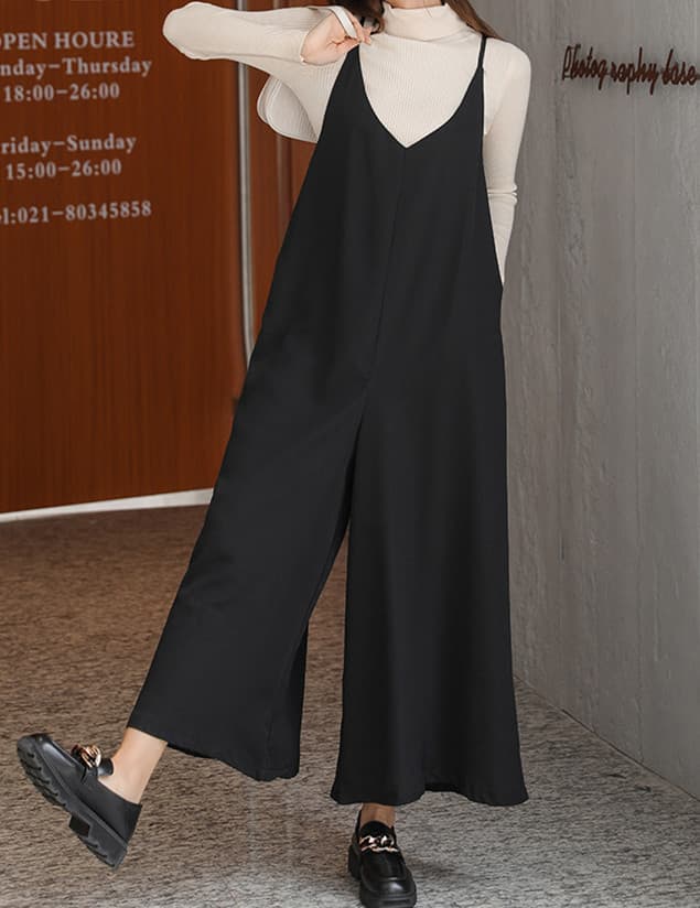 サロペット風オールインワン ワイドパンツ レディース体型カバー