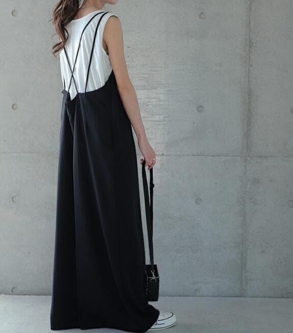 新作 サロペット  オールインワンワンピース 黒 クロスストラップ レディース おしゃれ