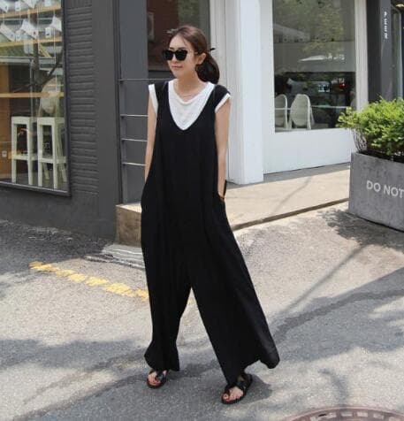 夏新作 黒サロペット ロング丈 吊りズボン レディース