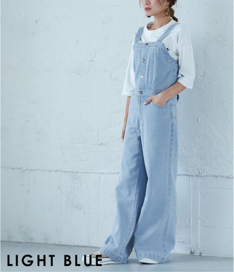 大人可愛いデニムサロペット ワイドパンツ バックリボン