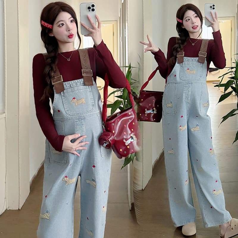 サロペットゆったりかわいい刺繍入りマタニティサロペット