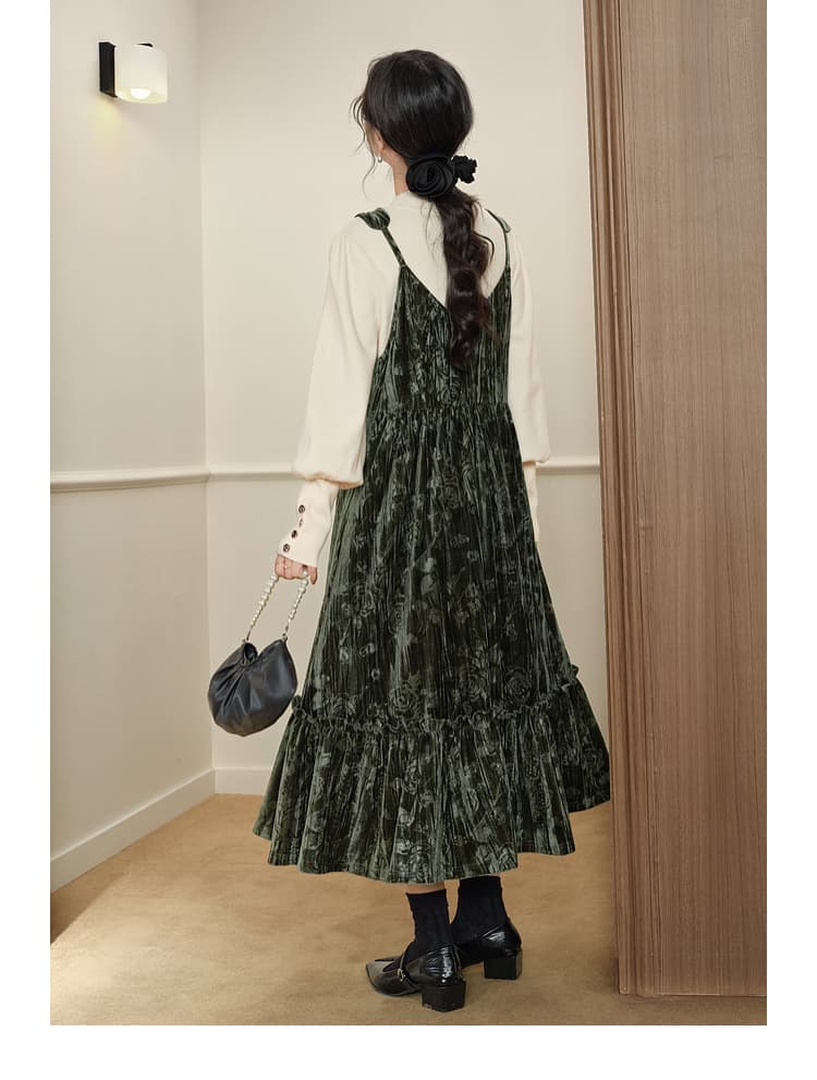 クラシカル花柄ベロア サロペットワンピース