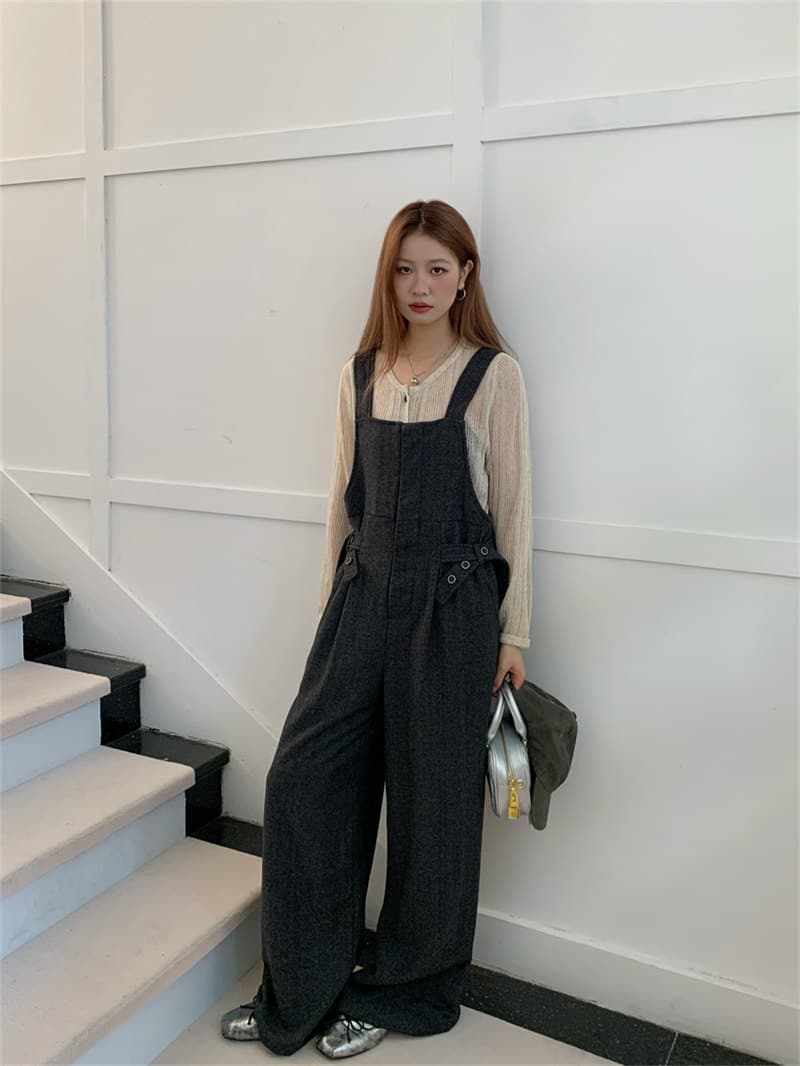 韓国風ワイドパンツサロペット体型カバー