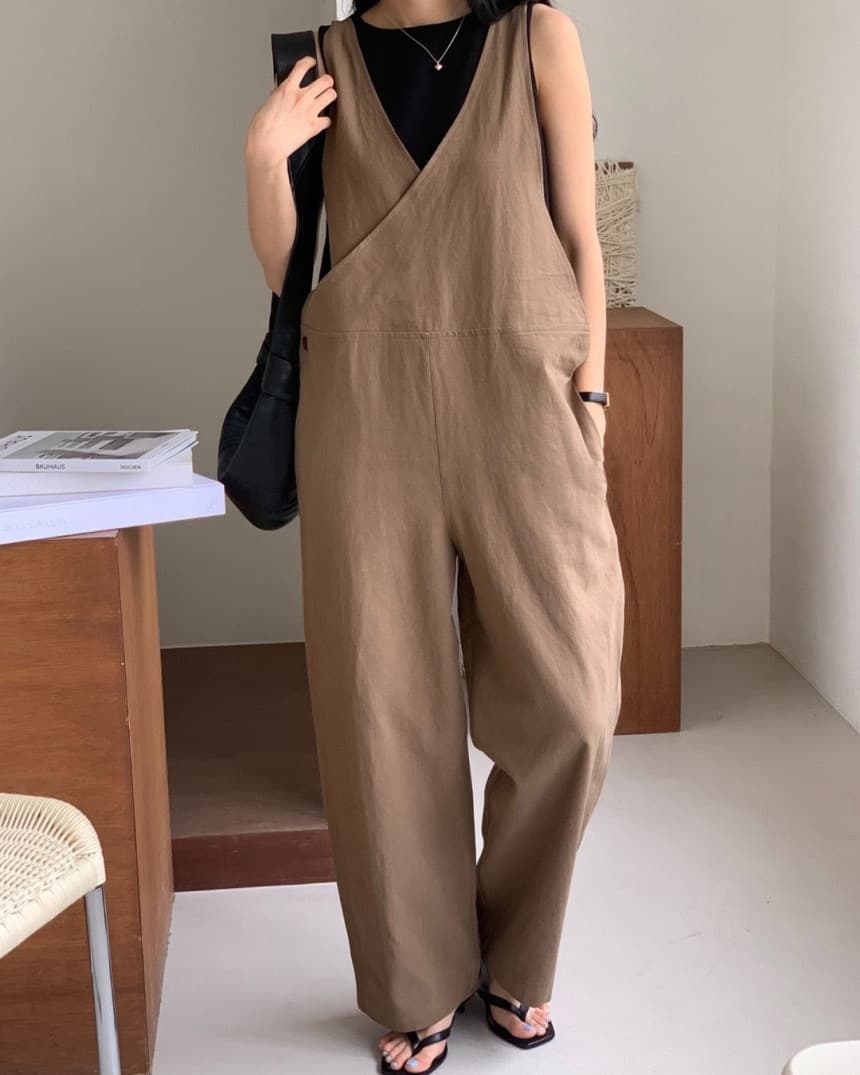 サロペット ノースリーブ 体型カバー 上品 レディース オールインワン