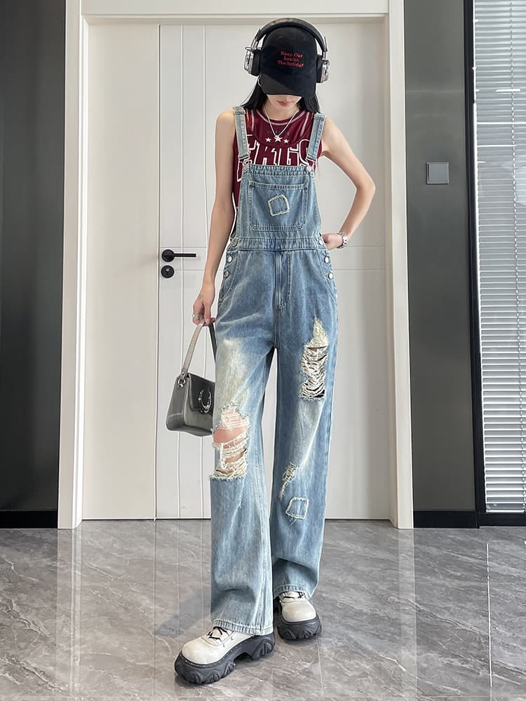 サロペットパンツ サロペット ダメージ加工ワイドシルエットつなぎ