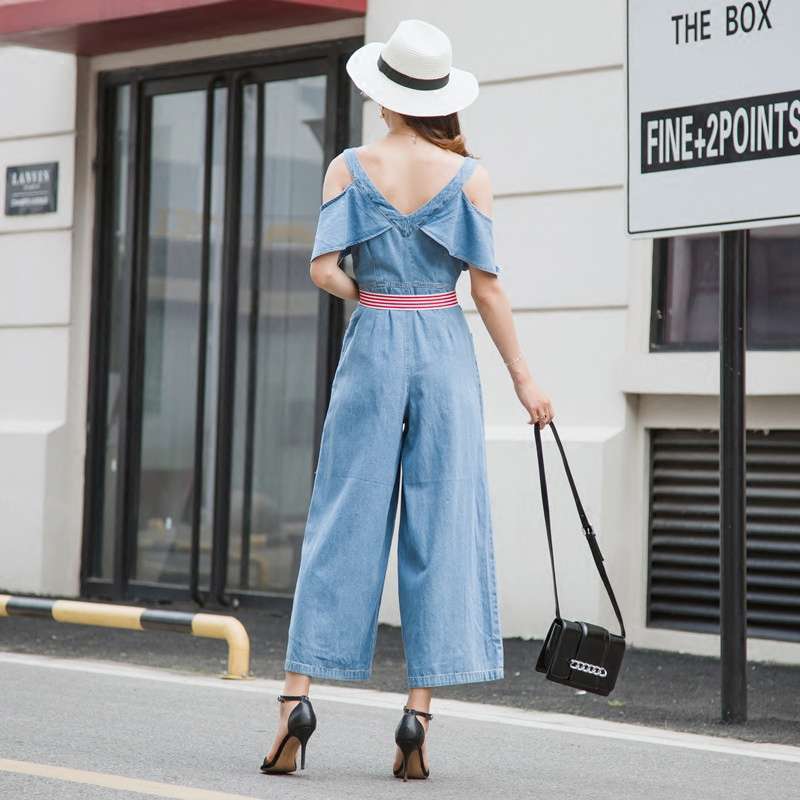 サロペット デニムワイドパンツ オフショルダーオールインワン